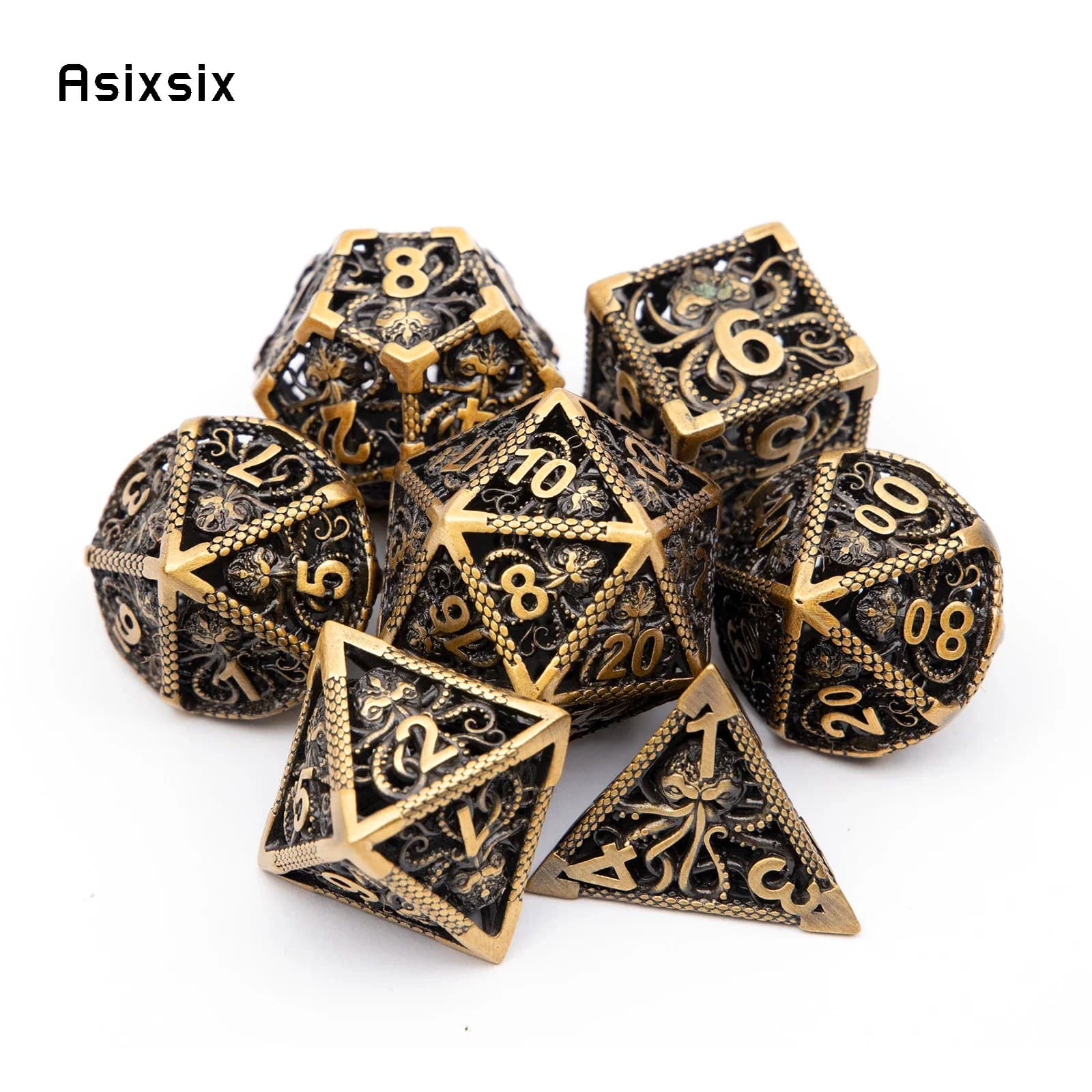 Set di 7 Dadi Metallici a Forma di Calamaro, Dadi Poliedrici in Metallo Cavo, Adatti per Giochi di Ruolo, RPG, Giochi da Tavolo e Giochi di Carte