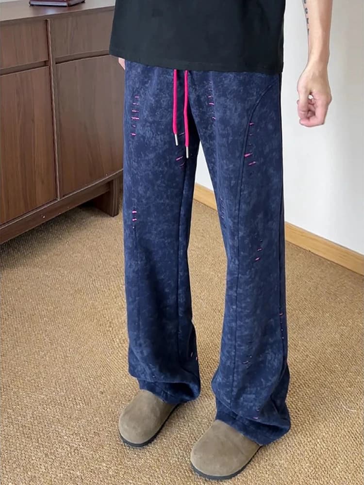 Jeans Americani High Street Blu da Uomo, Pantaloni Casual Trendy Giovanili a Gamba Dritta Larga, Stile Autunnale