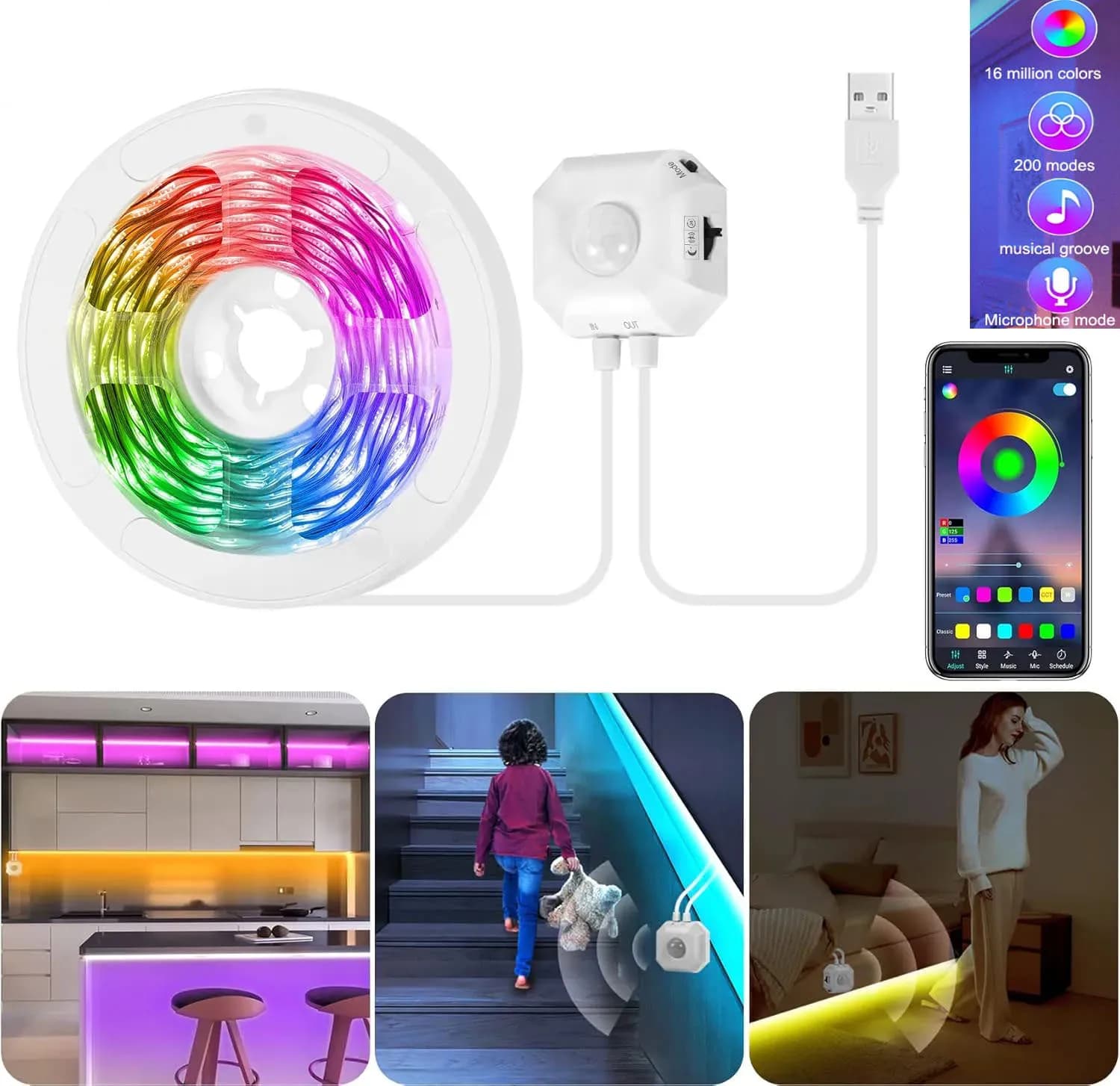 Night Lamp Led Strip Lights Motion Sensor Usb Plug 3M 5M RGB Backlight Smart Music Sound For Bed Room Christmas Decoration