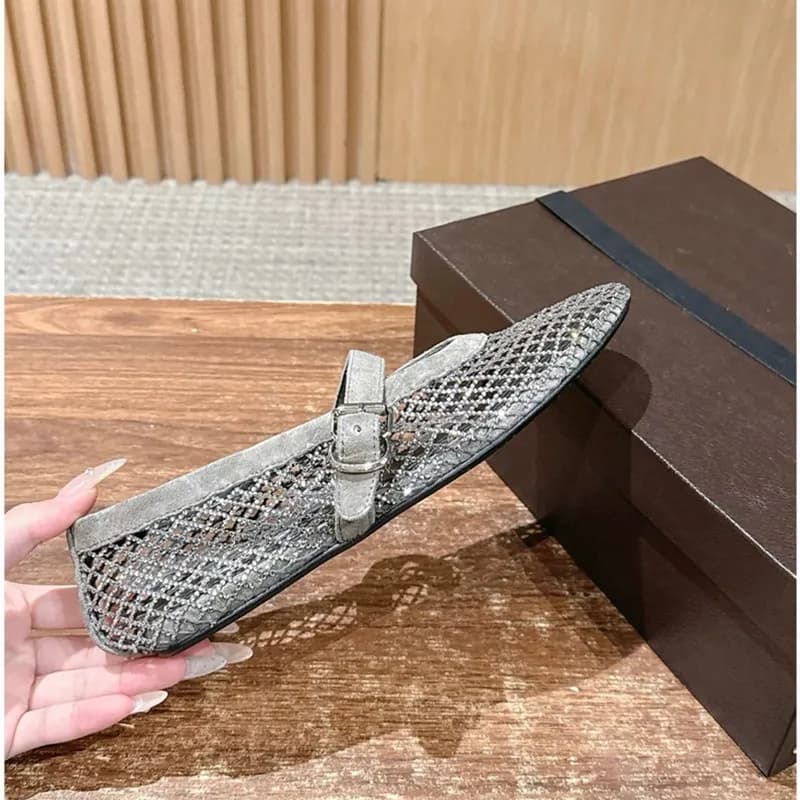 Designer Brand Original Light Luxury Rhinestone Flat Leather Ballet Shoes, Fishing Net Breathable Mary Jane Sandals