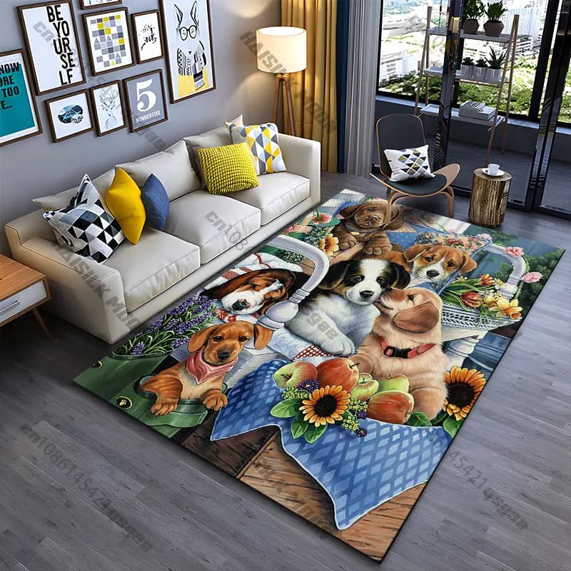 Tappeto con motivo di cuccioli, fiori e frutta, scena accogliente, per yoga, soggiorno, decorazione per la stanza, tappetino per gattonare per bambini, zerbino, tappeto decorativo, tappetino da gioco