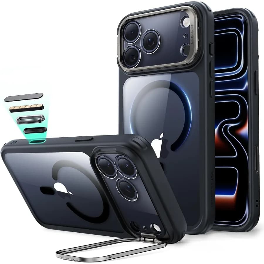 Custodia magnetica per telefono con protezione anticaduta di livello militare con supporto e controllo fotocamera per iPhone 17 Pro compatibile con MagSafe Scra