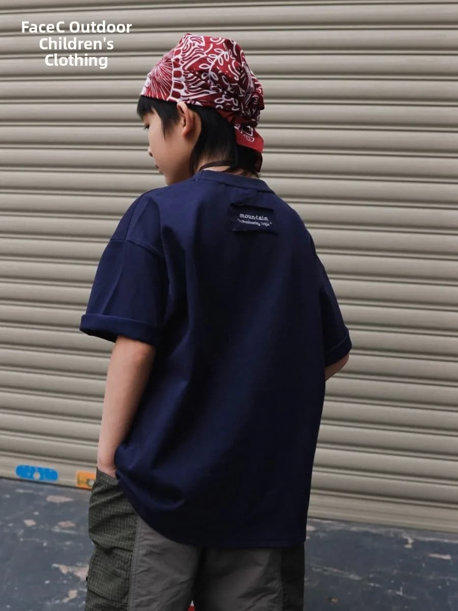 Facec Boys Summer Short Sleeve Camping Style Outdoor Mountain Series Trendy Cool Patchwork T-Shirt Breathable round Neck Top