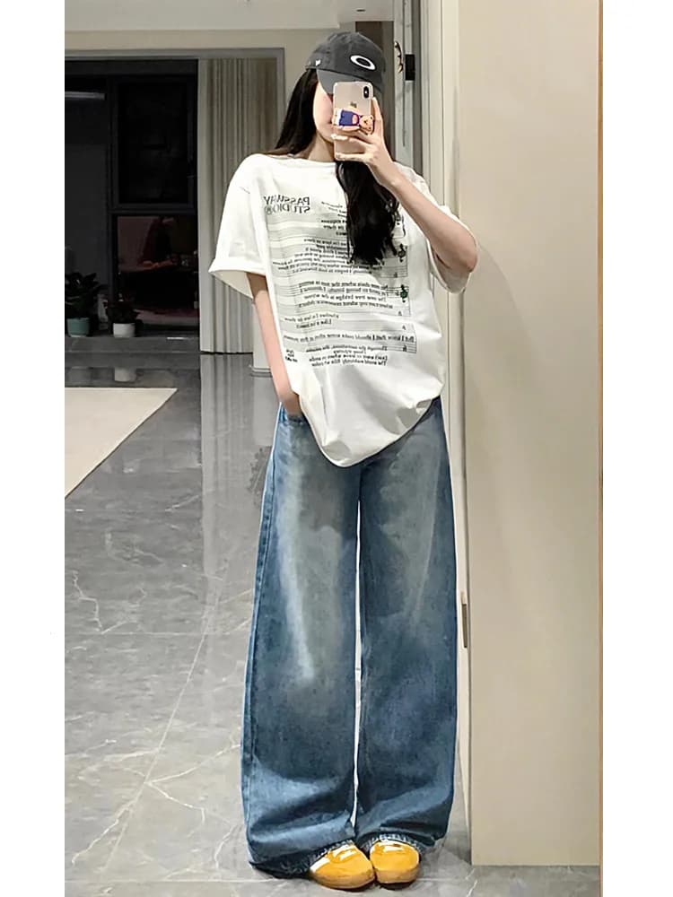 Jeans American Style a Vita Alta Effetto Strappato, Blu Chiaro, a Vita Bassa, Gamba Larga, da Donna, Estivi, Sciolti, Modellanti, Lunghi fino al Pavimento