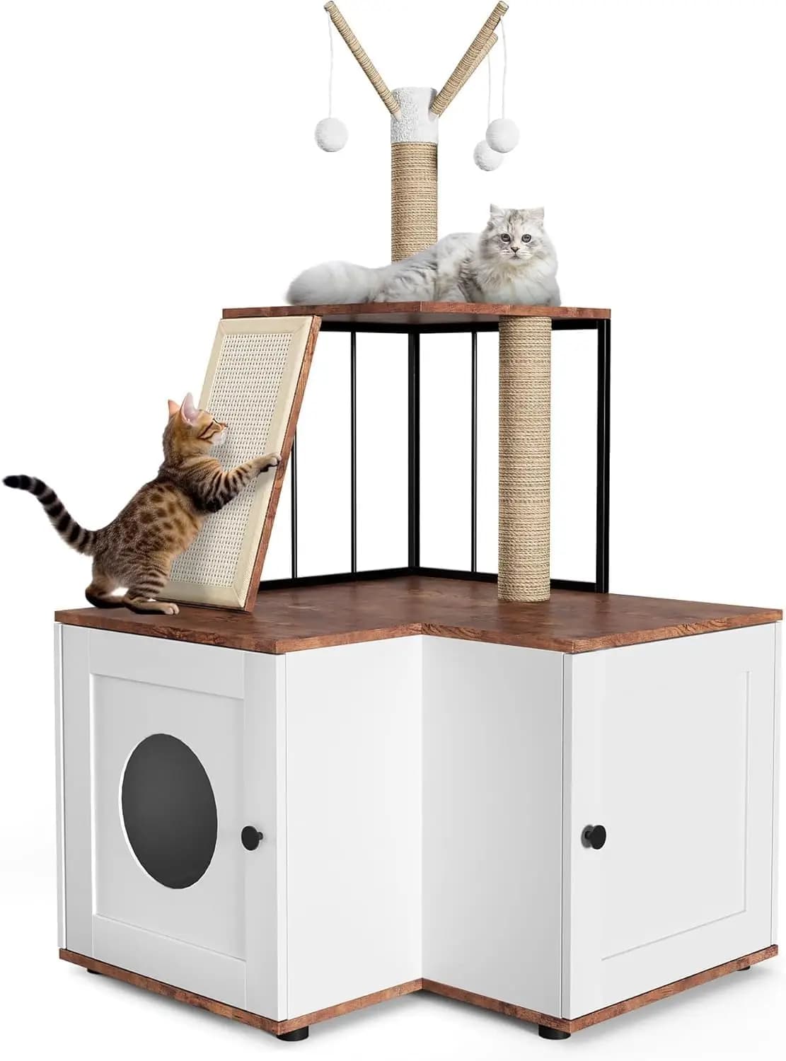 Cat Litter Box Enclosure with Storage Cabinet, Hidden Litterbox Furniture with Scratching Post, Scratching Board and Toy Balls,