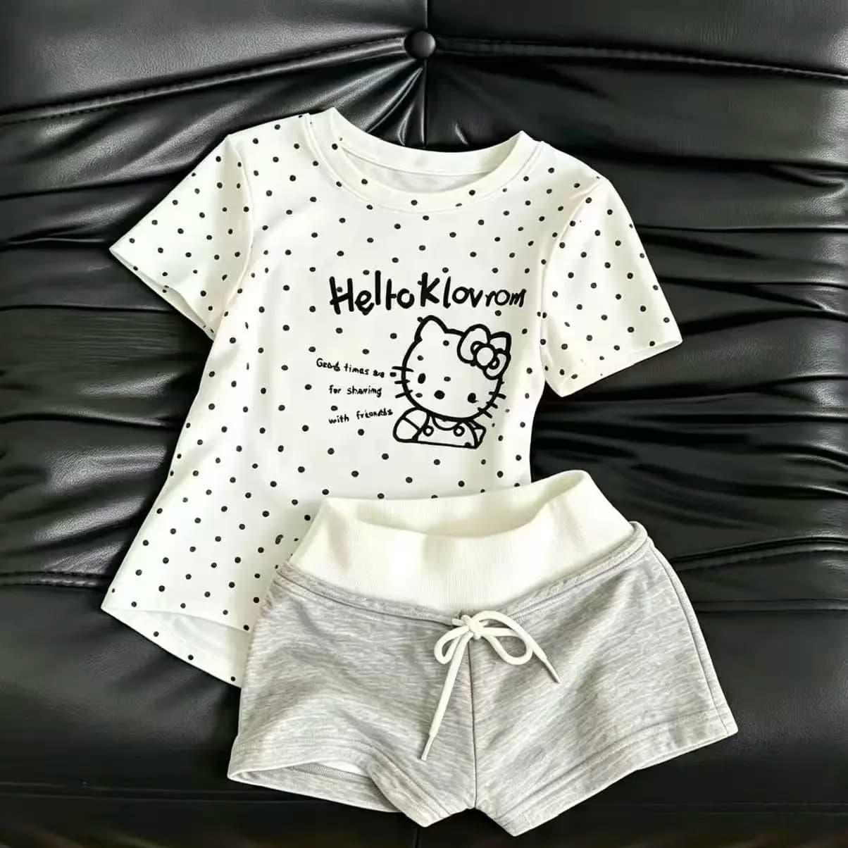 Women Summer 2Pcs Pajama Set Cute Polka Dot Print Short Sleeve T-shirt Drawstring Shorts Kawaii Loungewear Casual Home Sleepwear