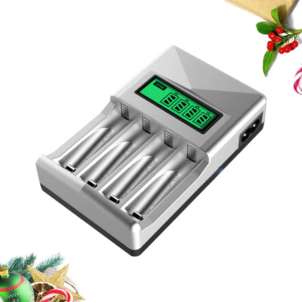 Caricabatterie USB Intelligente a 4 Scomparti per Batterie Ricaricabili AA AAA con Ricarica a Flusso Continuo e Display LCD, Spina UK