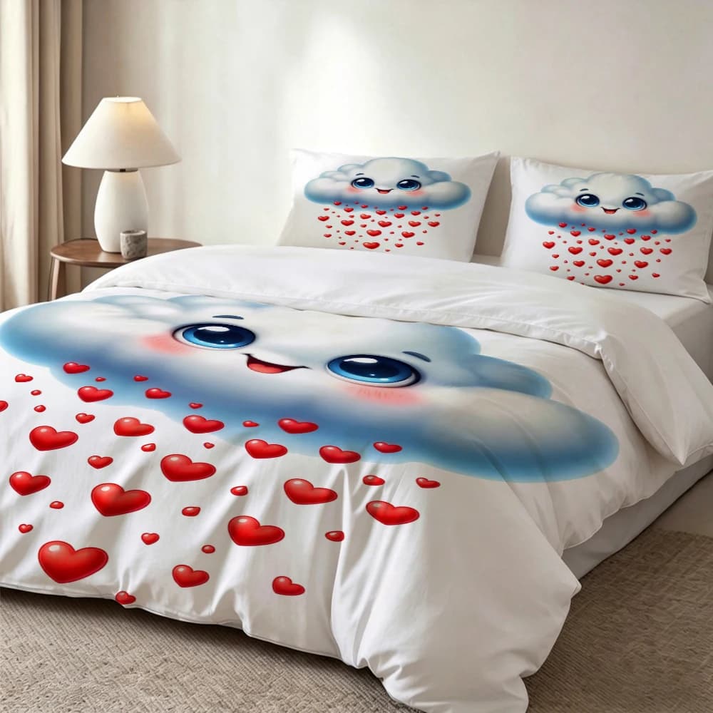 Set di biancheria da letto stampata digitalmente ad alta definizione, set copripiumino con stampa di cuori e nuvole in stile cartone animato, set copripiumino con stampa floreale di grandi dimensioni, include 1 copripiumino + 2 federe, adatto per camera da letto, camera degli ospiti, decorazioni per la casa, set copripiumino + federa in fibra di poliestere, set da tre pezzi, biancheria da letto ultra morbida, tessuto spesso, adatto a tutte le stagioni, lavabile in lavatrice, 3 pezzi