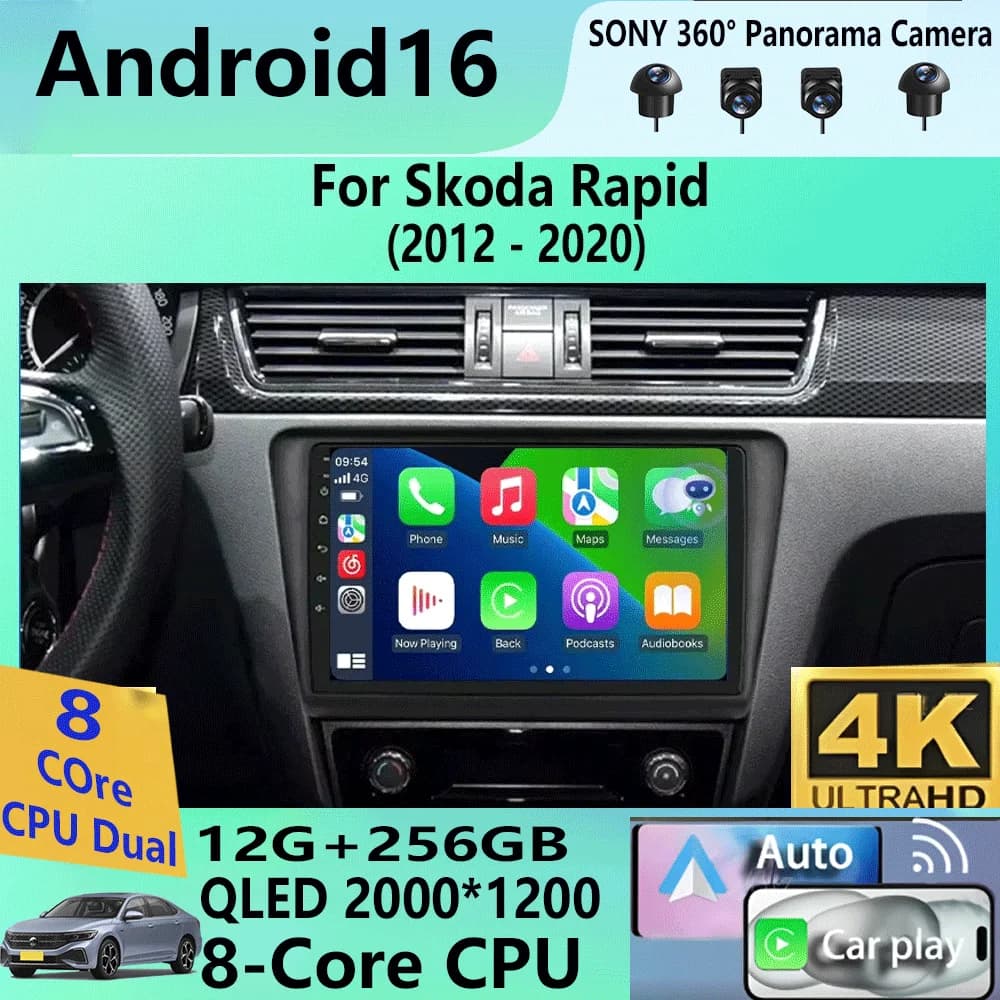 Autoradio Carplay Android 16 per Skoda Rapid 2012-2020, Multimedia 4G WIFI GPS Stereo Video Player DSP