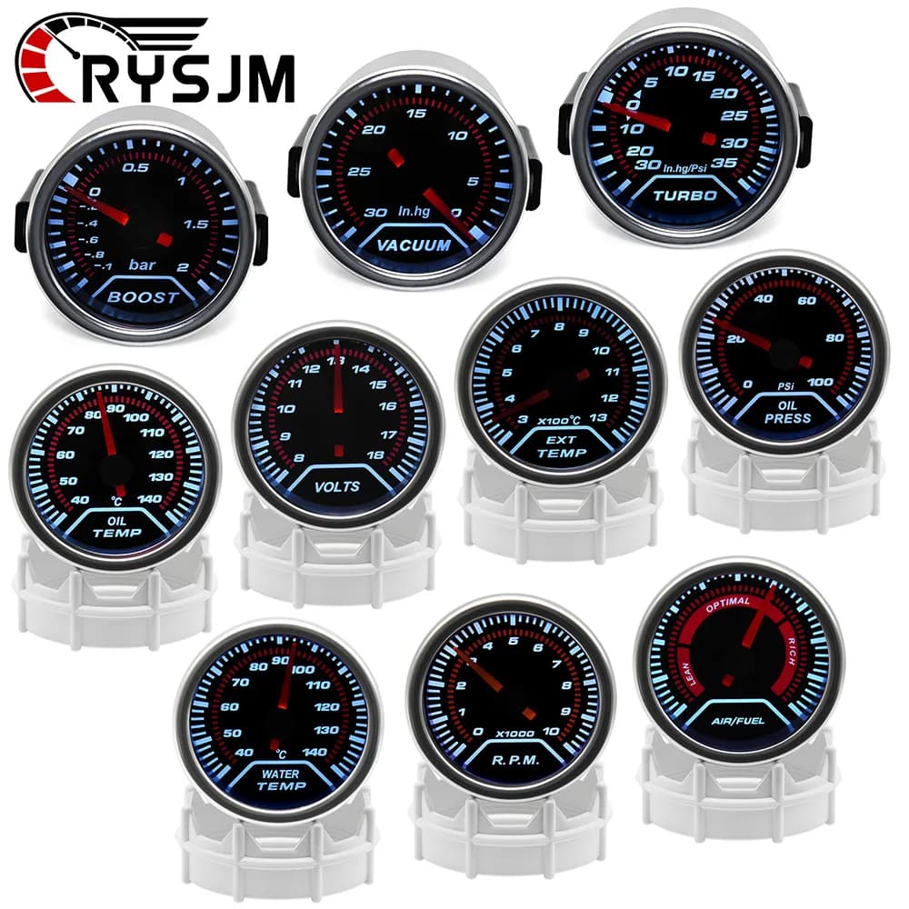 Manometro da Corsa 52mm 12V LED con Lente Fumé -1~0~2 BAR, Indicatore Turbo Boost, Temperatura Acqua, Pressione Olio, Voltmetro, Rapporto Aria/Carburante per 12V