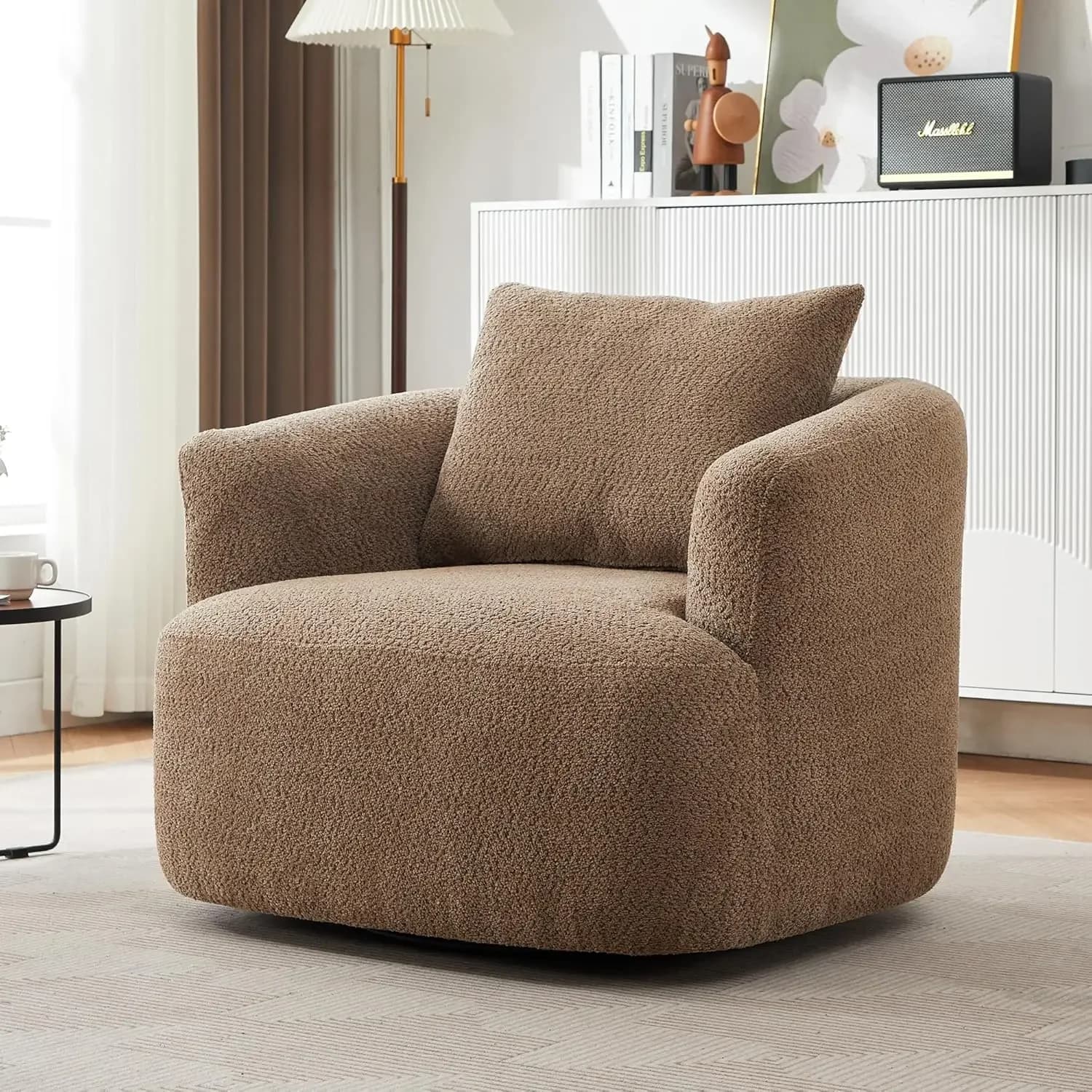 38" 360° Swivel Upholstered Sofa Chair with Throw Pillow, Barrel-Shaped Accent Chaise Lounge, Swivel Couch for Living Room, Offi