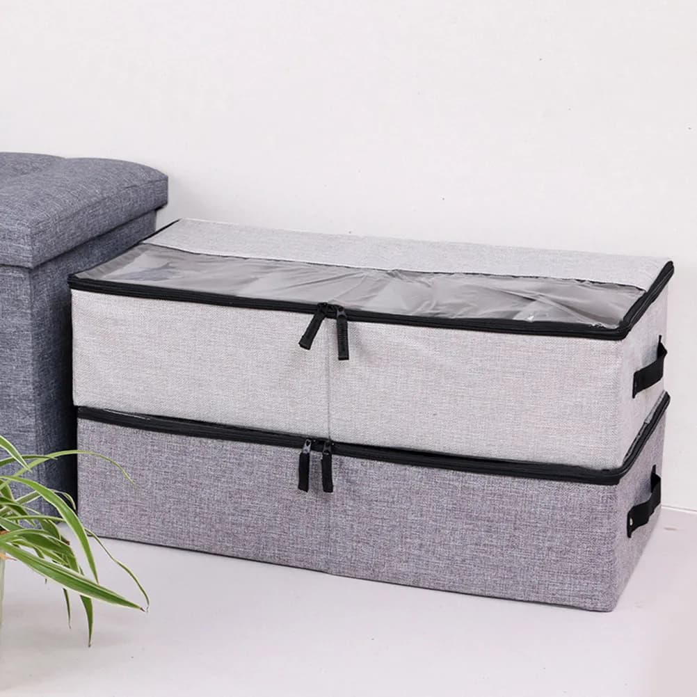 Foldable Dark Grey Shoes Storage Box Dustproof Underbed Organizer with Clear Window Handles Removable Compartments for Blanket