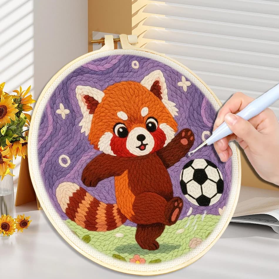 Funny Punch Needle Kits for Beginners Cute Animal Football with Hoop Embroidery Punch Needle Starter Cross Stitch Kit Sport Gift