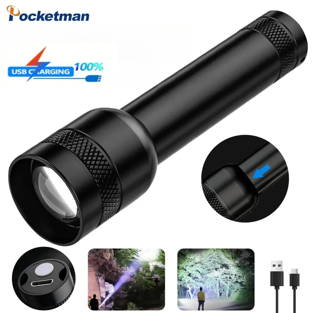 Potente torcia a LED USB ricaricabile 3 modalità Handlight Torcia con zoom telescopico Lanterna da pesca da campeggio esterna in lega di alluminio