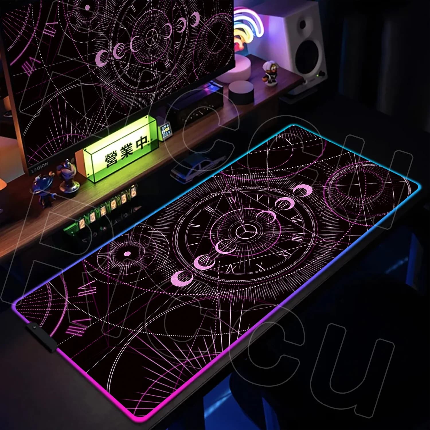 Tappetino da scrivania RGB XXL HD per stampa, gaming, tarocchi, astrologia, in gomma, con fasi lunari celesti, antiscivolo, con LED