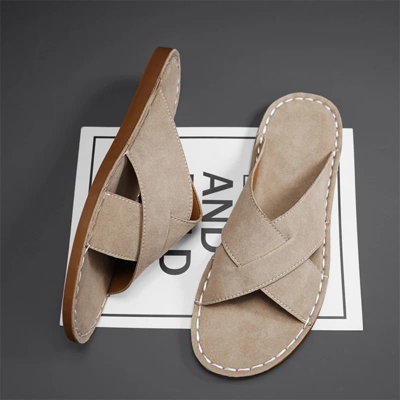 New Arrival Minimalist Mens Suede Leather Cross Band Slides Slip on Sandals Soft Comfort Insole Wear-resistant Walking Slippers