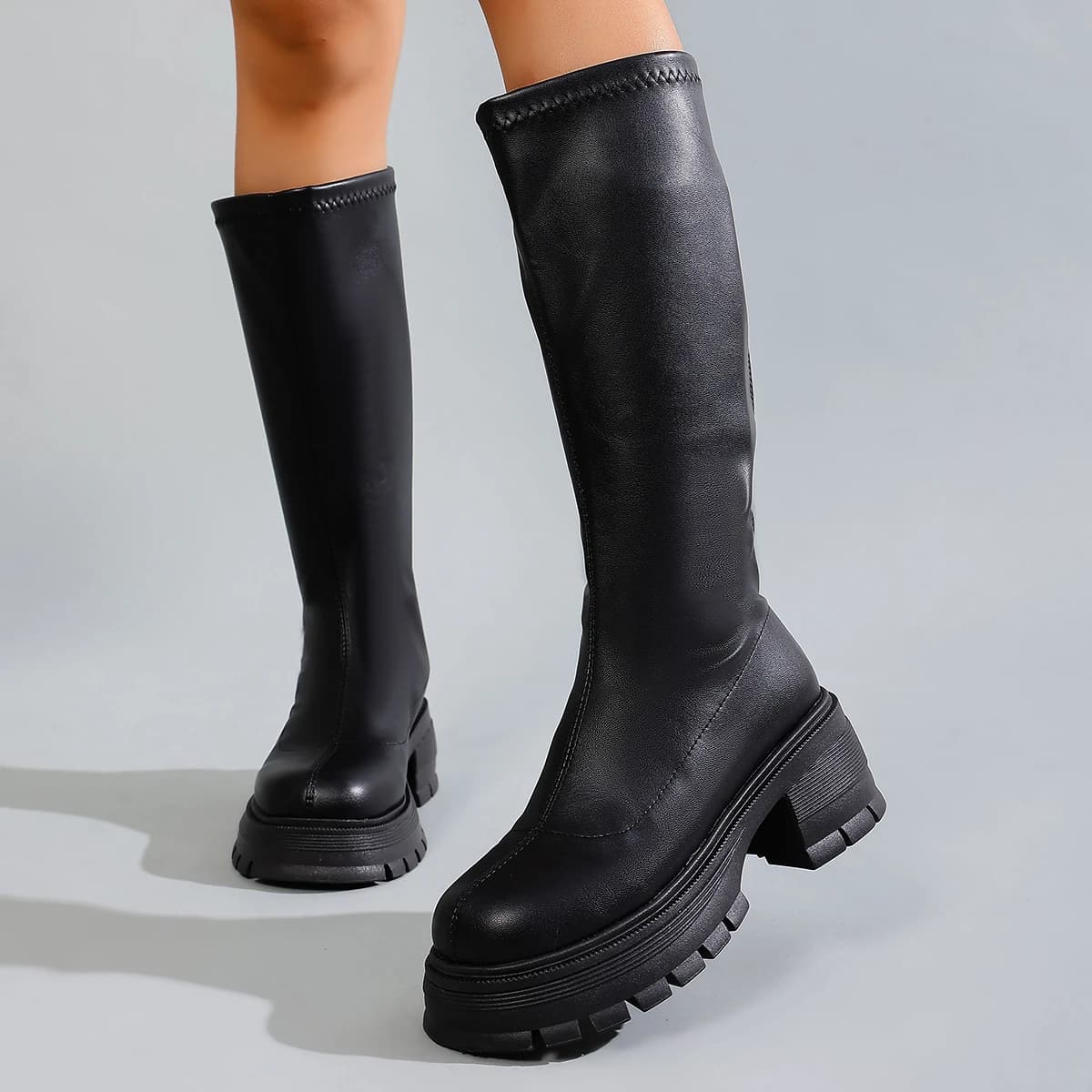 *Fashionable Back Zipper Thick Sole Modern High Heels New Round Toe Solid Color Elegant Warm Casual Non-slip Women's Boots