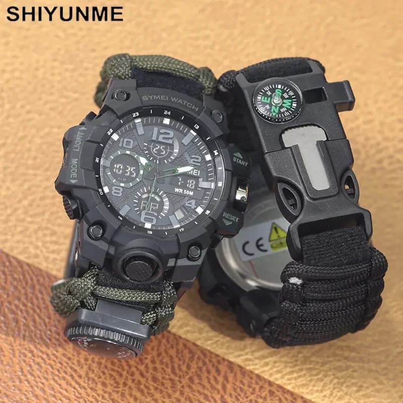 SHIYUNME Outdoor Survival Men's Watch Multifunctional Waterproof Men's Military Watch Thermometer LED Electronic Quartz Watch