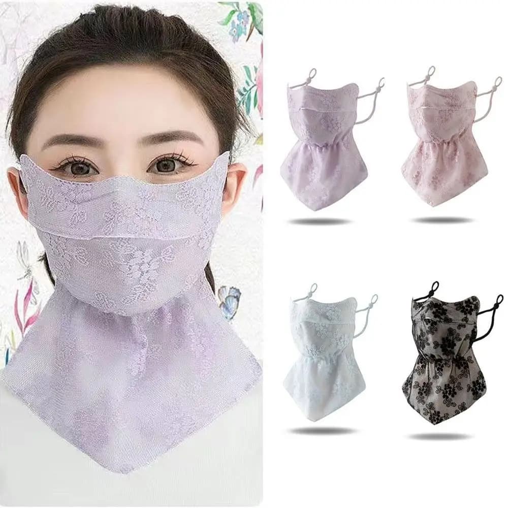 Maschera anti-UV con fiori in pizzo, protezione solare, protezione UV, traspirante, comoda, protezione per il collo, copertura per il viso con passante per l'orecchio, sciarpa
