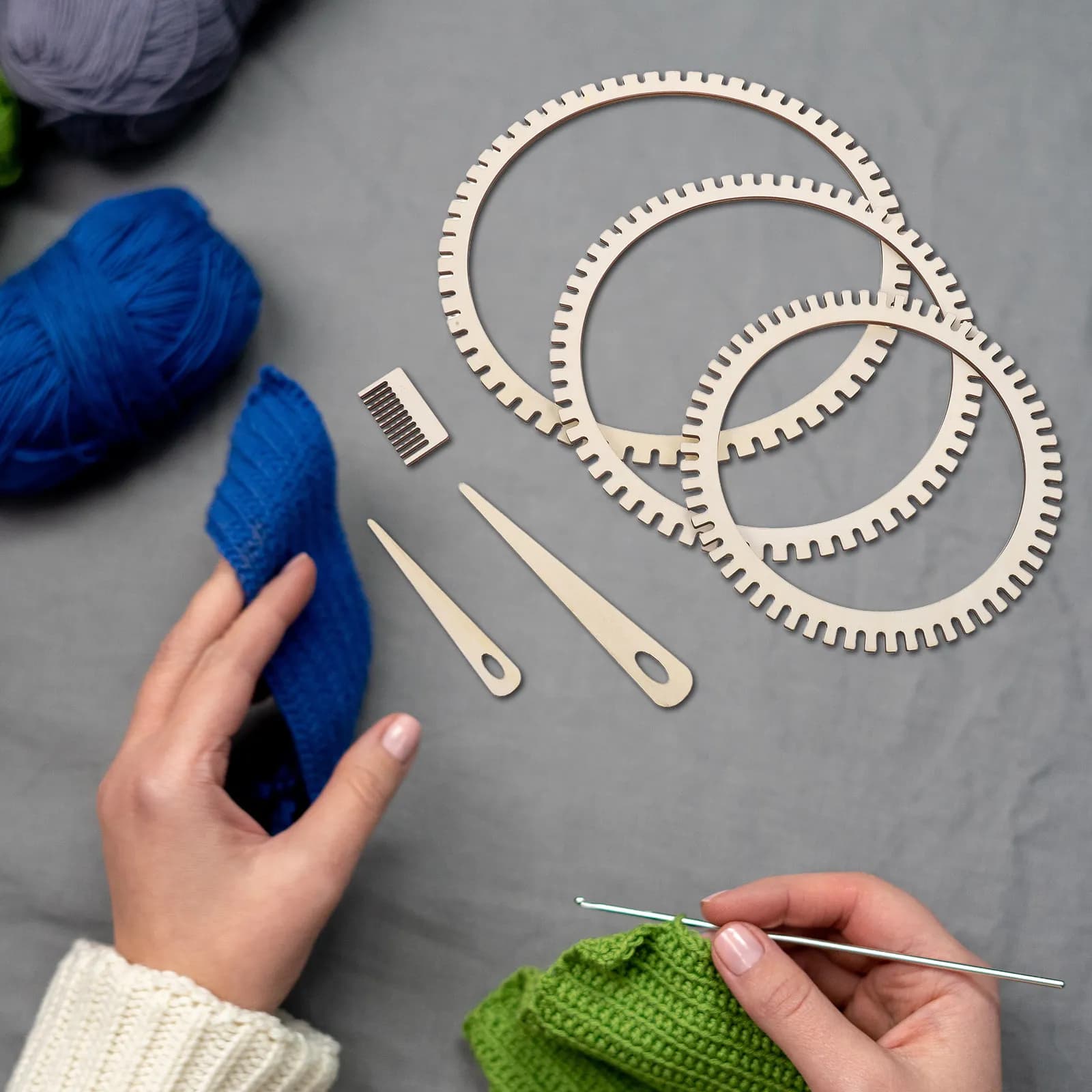 6Pcs Wood Weaving Loom Set Circular Knitting Tools Beginner DIY Scarf Weaving Kit Craft Bracelet Yarn Knitting Needle
