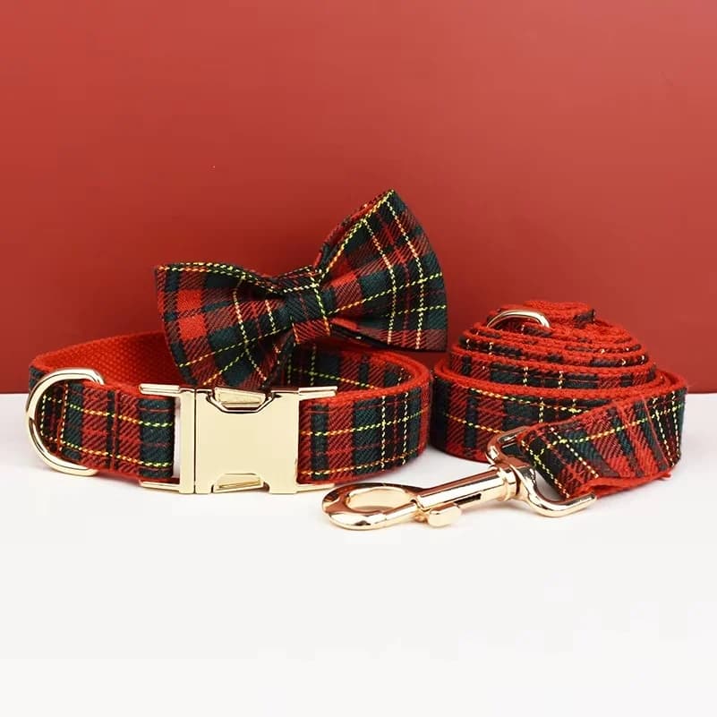 Christmas Dog Collar Red Lattice Soft Cotton with Matching Leash Luxury Pet Harness Set for Dogs