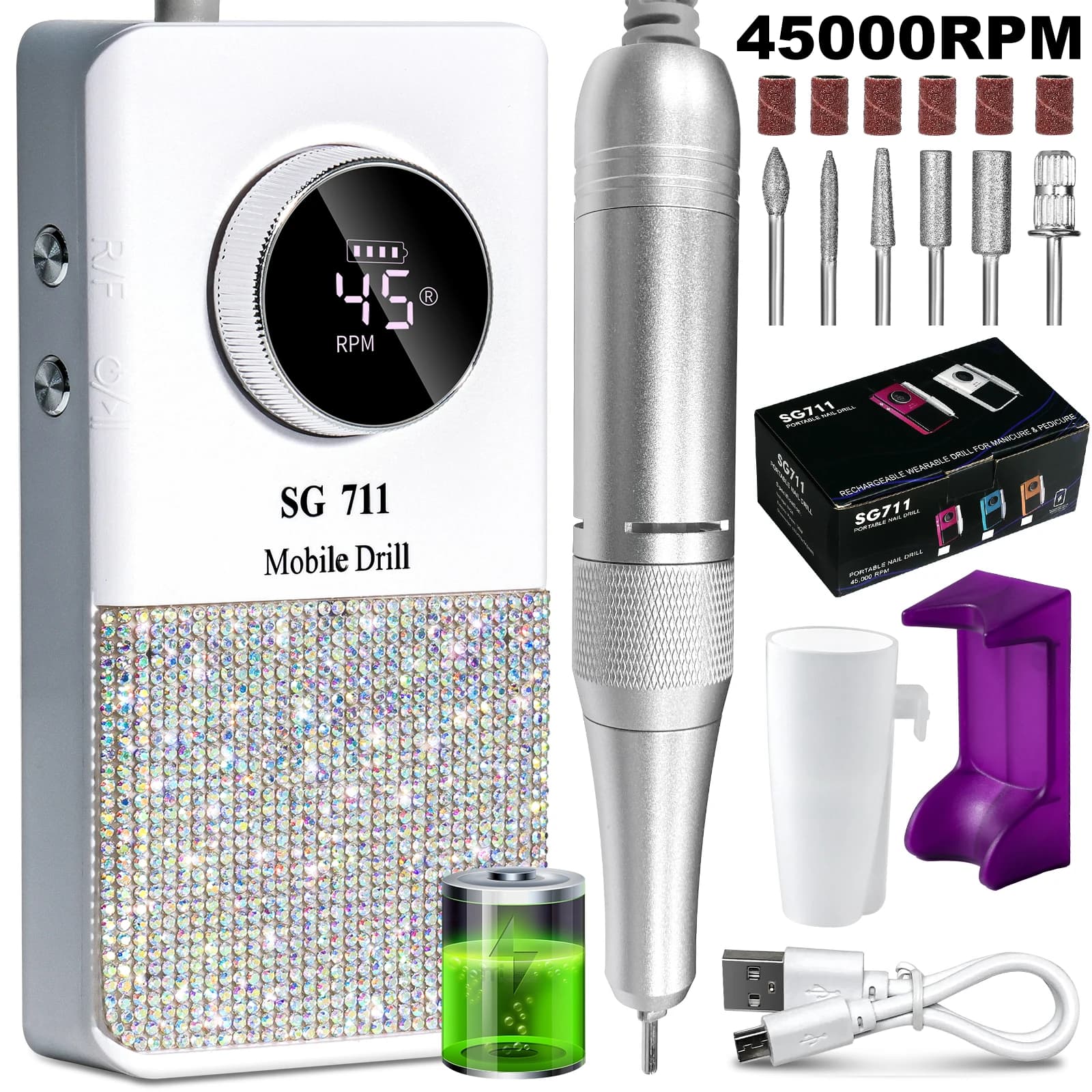 Trapano elettrico portatile per unghie 45000 giri/min senza fili, per glitter e nail art con smalto gel