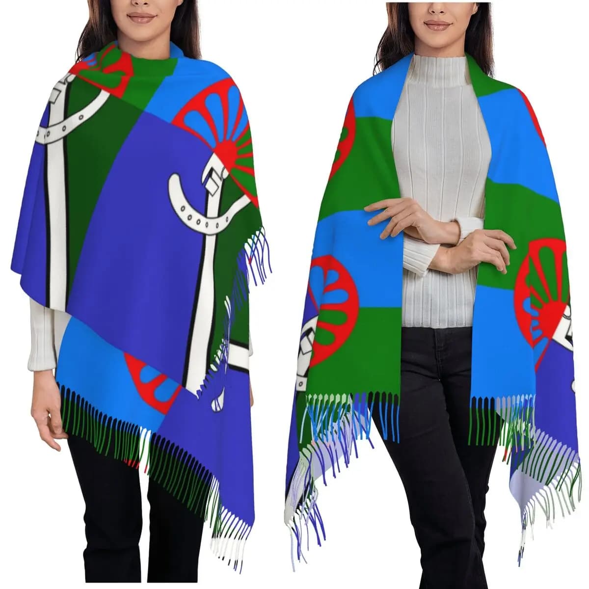 Sciarpa con bandiera zingara Romany Sciarpe con nappe per donna Scialli e stole morbidi e caldi Scialle lungo autunno inverno