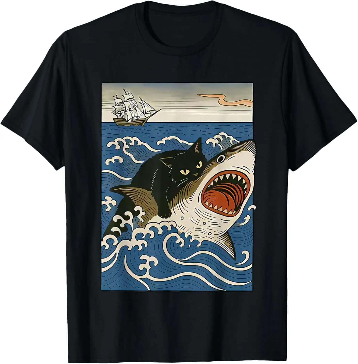 Cat Hunting Shark T-Shirt Creative, Unique Prints, Comfortable, Soft, Breathable, Cute, Birthday Gift, Personalized, Round Neck, Cute, Funny, Fashion, , With Women's and Men's