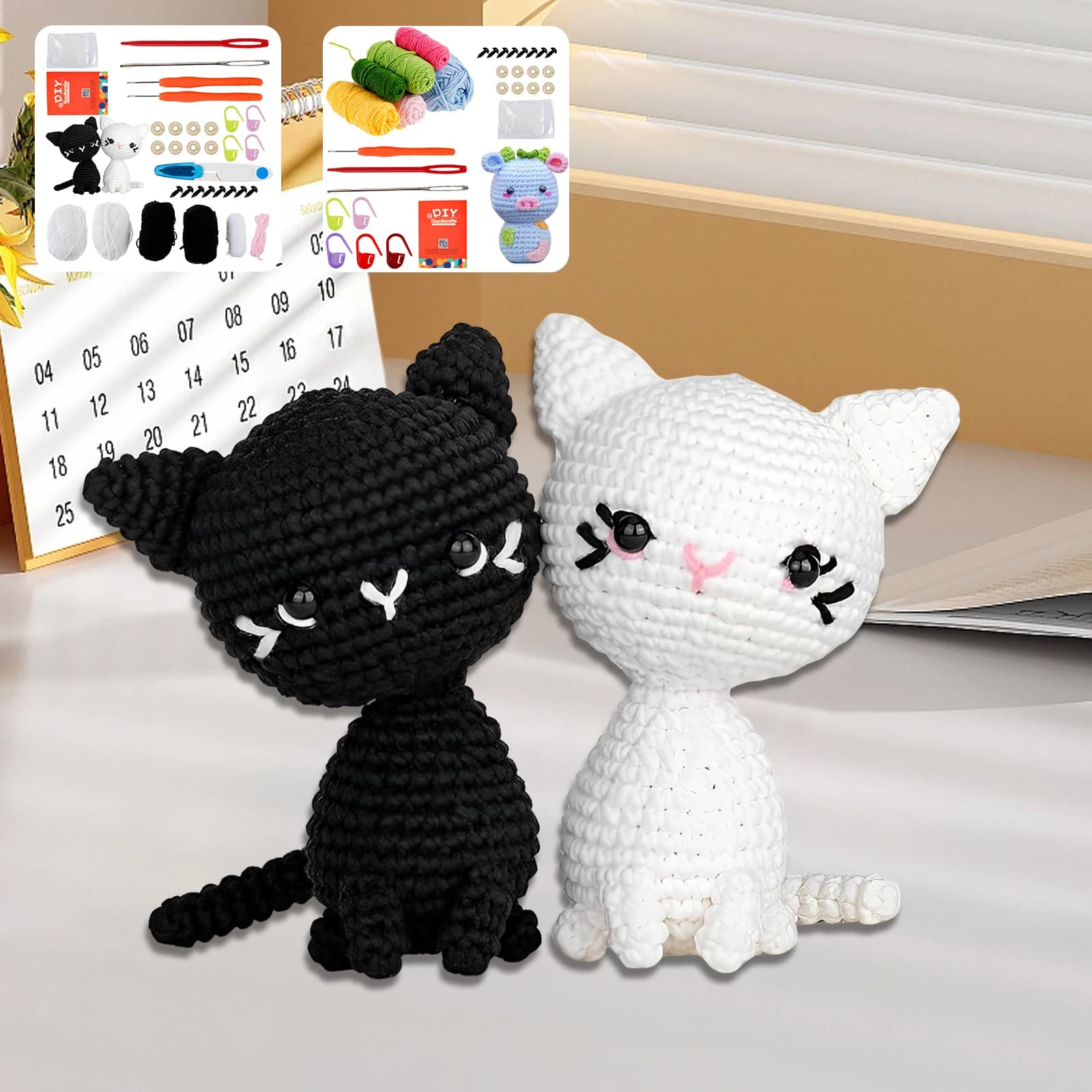 Starter Crochet Kit Kit per maglieria all'uncinetto per gatti/maiali Set completo per principianti all'uncinetto Kit per animali all'uncinetto fai da te con ganci per uncinetto in filato