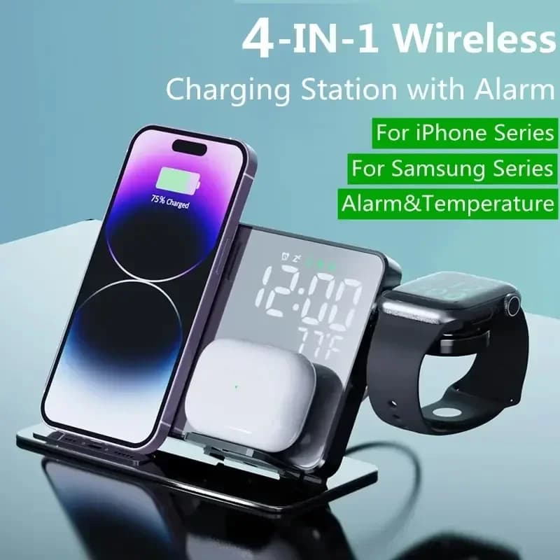 4 In 1 supporto per caricabatterie Wireless sveglia temperatura Dock Station di ricarica rapida per iPhone 15 14 Samsung S23 S22 Galaxy Watch