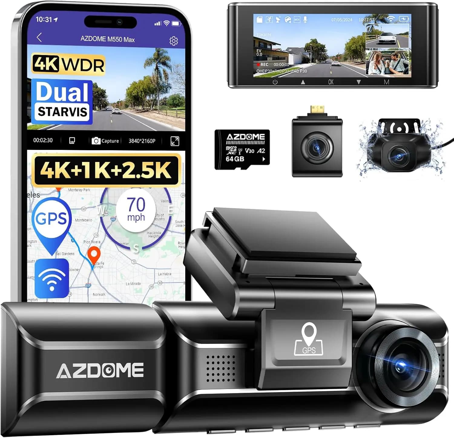 Dash Cam 4K to Three Channels with Dual STARVIS Sensors, WiFi and GPS Integrated, Night Vision IR, Includes 64GB Card