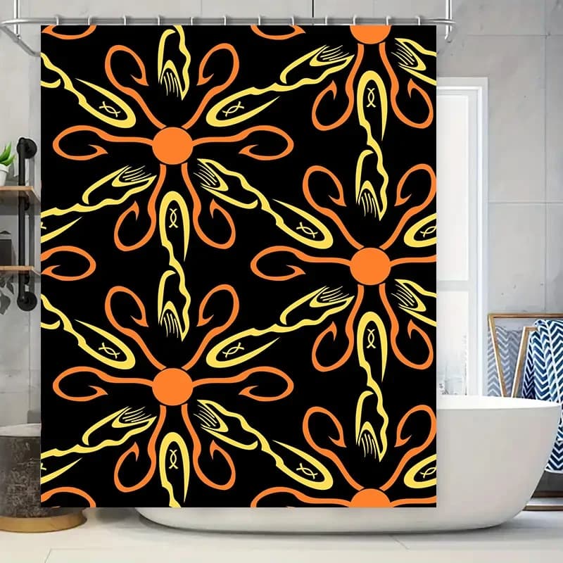 Tenda da doccia gialla nera con motivi astratti, perfetta per l'arredamento del bagno