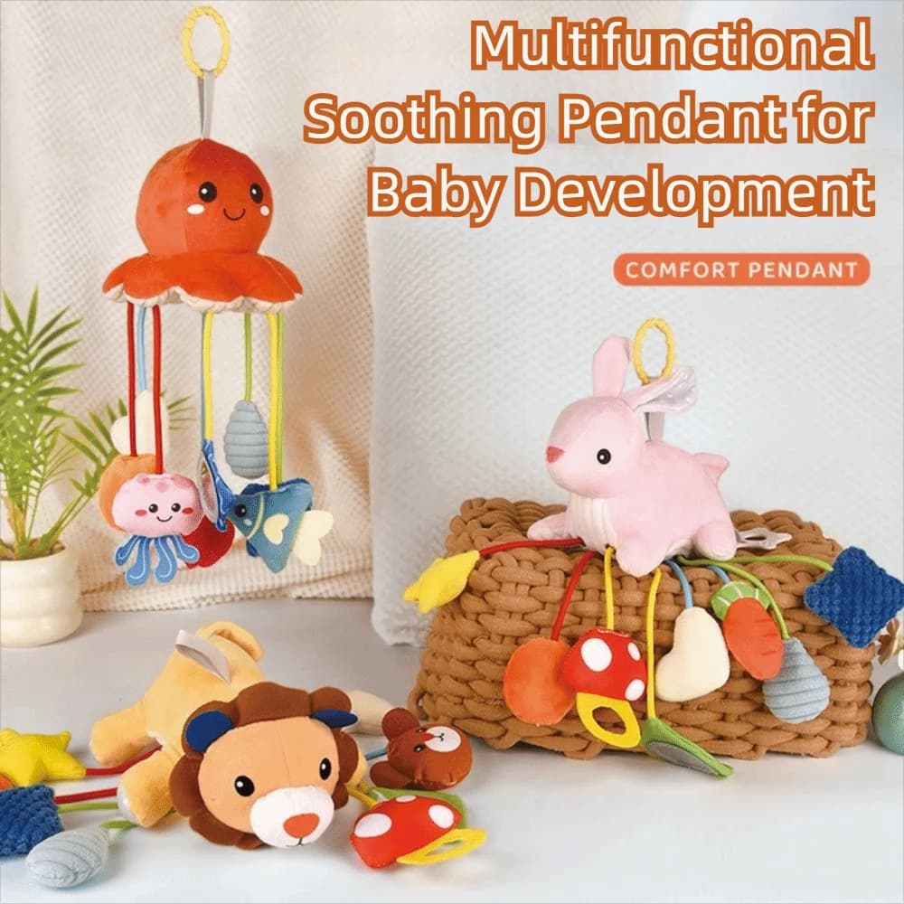 Simpatico design animale passeggino sensoriale ornamenti appesi impugnatura specchio distorto giocattoli per corde da tirare per bambini morbido massaggiagengive confortevole