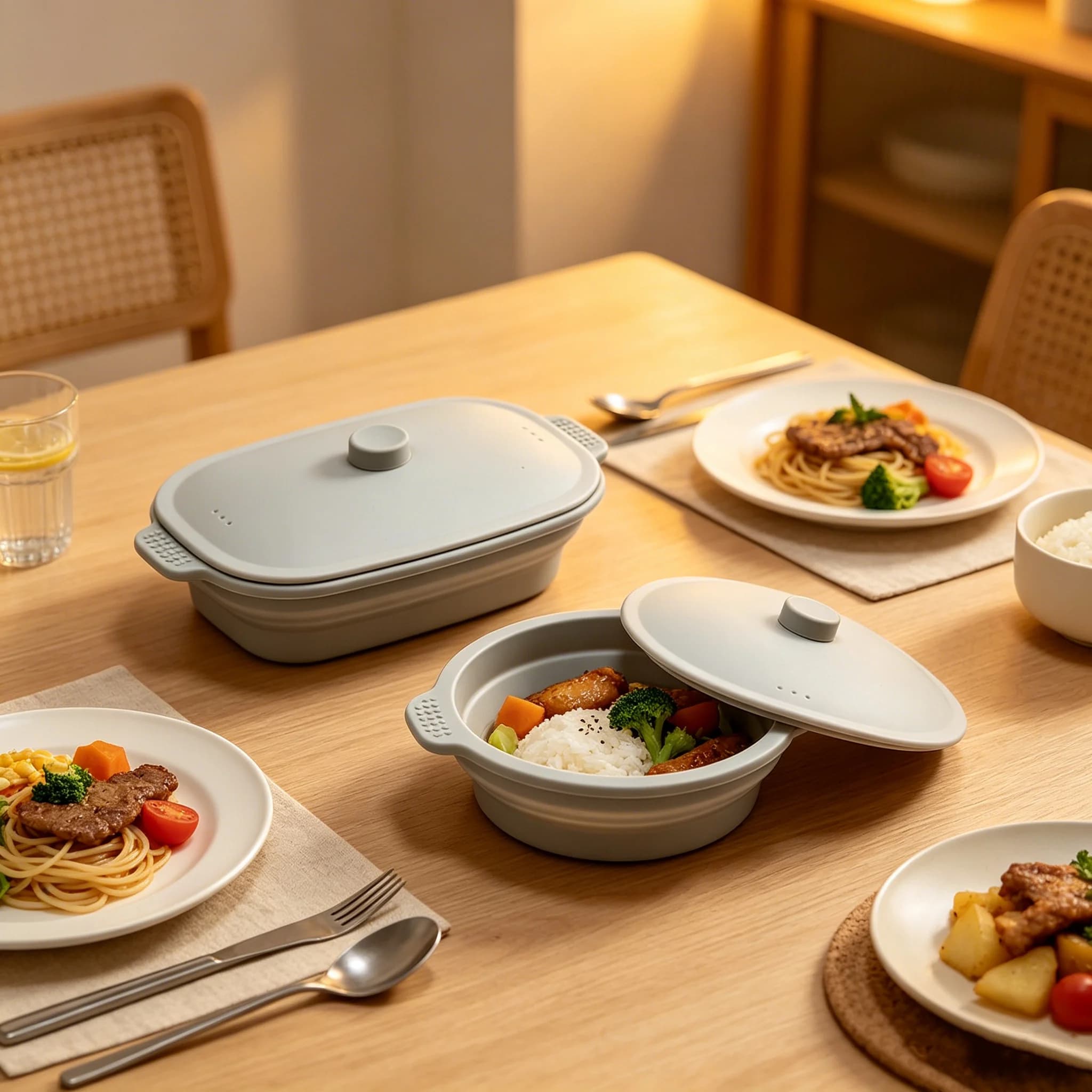Multifunctional Silicone Lunch Box Round And Rectangular Reusable Dinnerware for Office Home Outdoor Camping Use