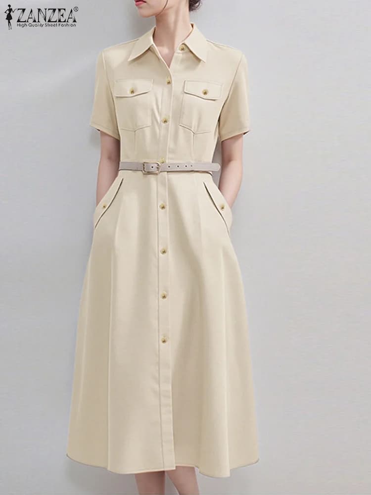 2025 ZANZEA Camicia moda donna Abito tuta estiva Abito elegante manica corta OL Abito estivo da lavoro Casual Bottoni solidi Abito longuette