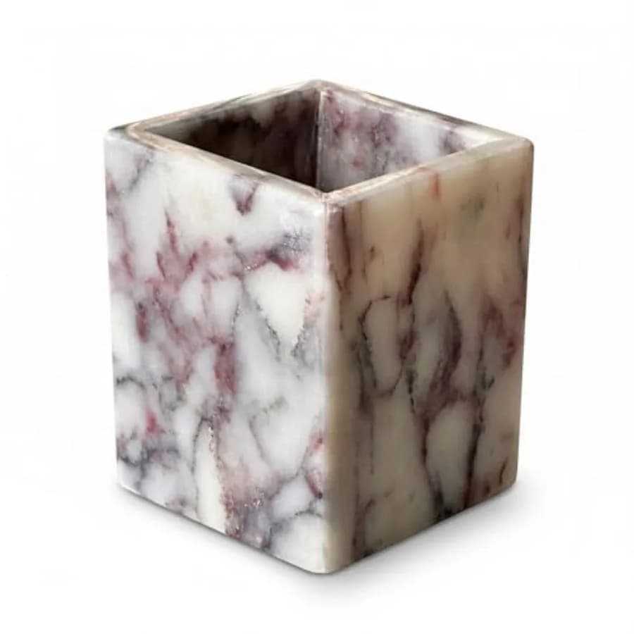 Portapenne in Marmo Naturale Calacatta Viola, Lussuoso Contenitore Quadrato, Organizer Multiuso Lucidato a Mano per Scrivania, Bagno