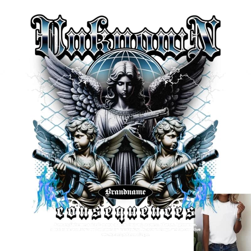 Dark Style Angel & Gun Print Heat Transfer White Ink Iron - on ，Personalized & Cool ，Suitable for T - shirts / Canvas Bags