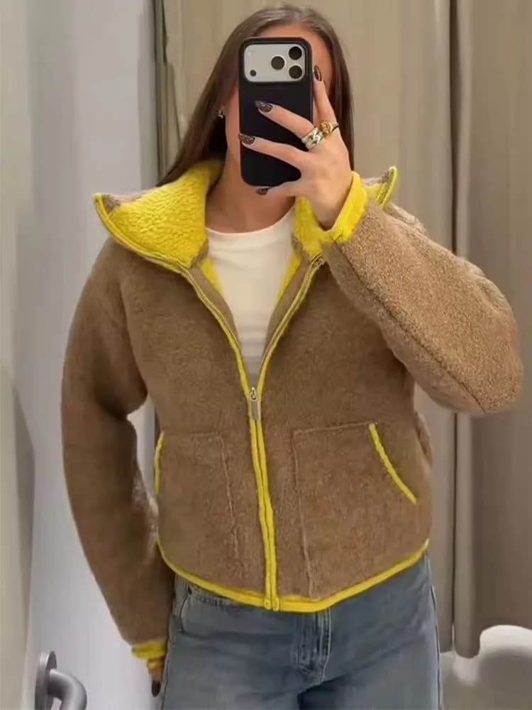 Giacca Casual Autunnale 2026 da Donna, Design a Contrasto di Colore, Maniche Lunghe, Chiusura con Cerniera, Abbigliamento Streetwear Casual