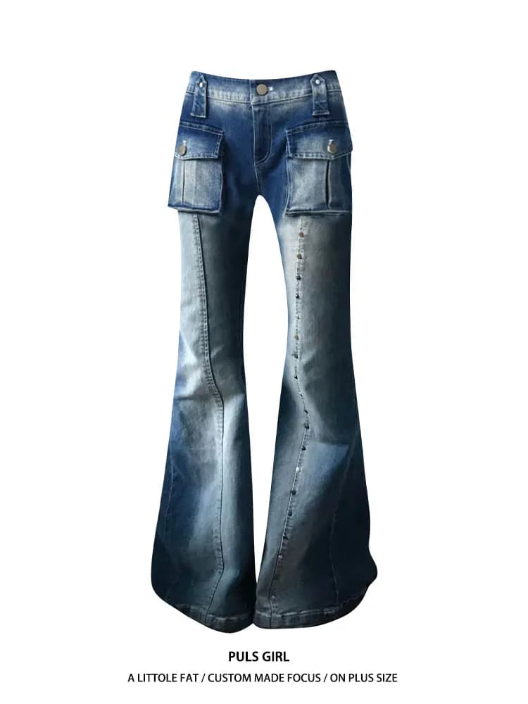 American Style Large Size Women's Jeans Bell Bottoms Washed Slim Fit Jeans Rivet Pocket Design Casual Long Pants