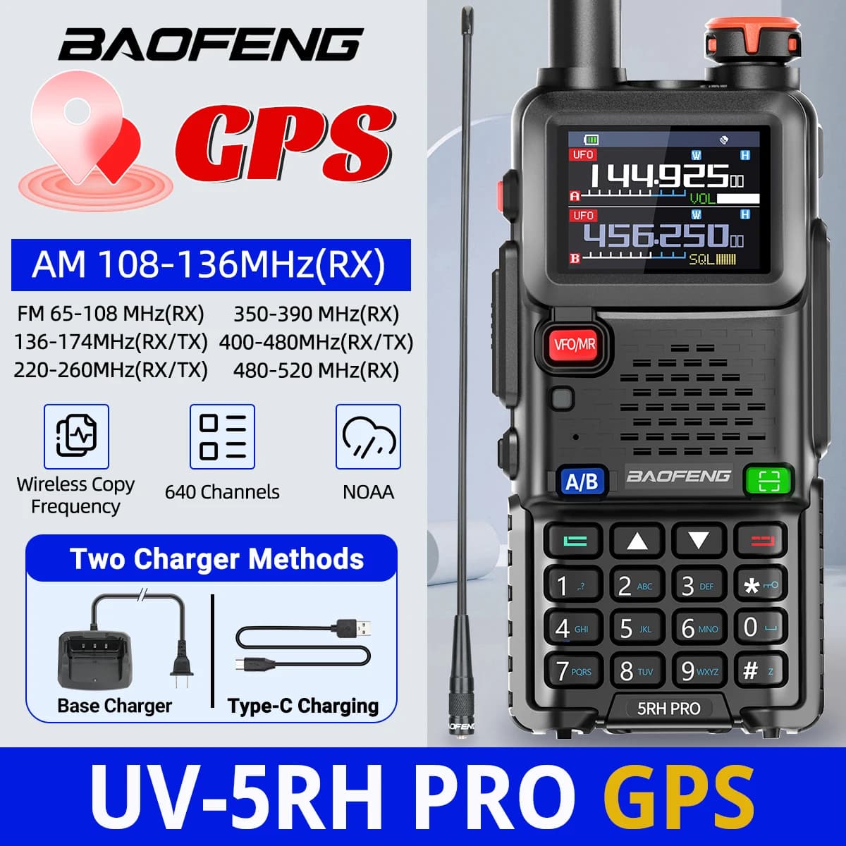 Baofeng UV-5RH PRO GPS Walkie Talkie Multi Band Wireless Copia Frequenza Tipo-C Caricatore Aggiornamento UV-5R UV 17 Pro Gps Ham Radio