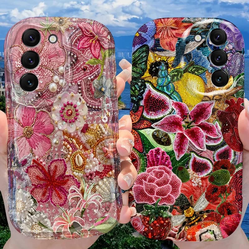 Romantic Pink Flower Beaded Case for Samsung Galaxy S26 S25 S24 Plus S23 Ultra S22 S21 S20 FE A73 A71 4G A57 A56 A55 5G Cover