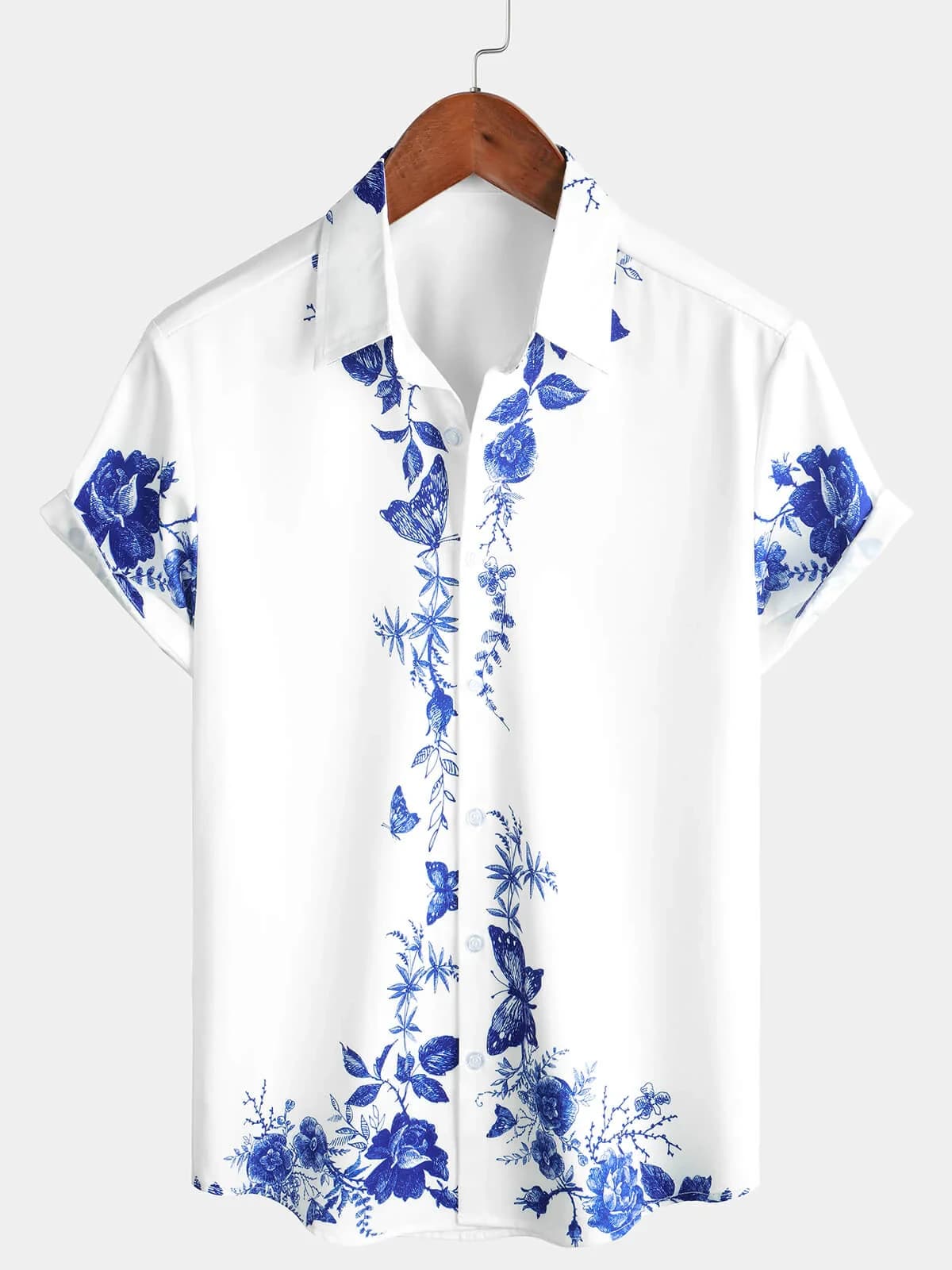 Camicia da uomo a maniche corte con colletto casual da spiaggia estiva abbottonata hawaiana con stampa floreale blu Ropa Casual Para Hombres