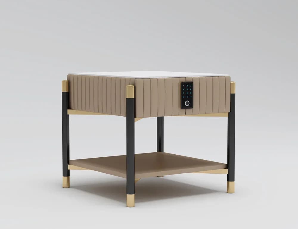 Mobili da camera da letto moderni di lusso italiani, comodino intelligente con cassetti, funzione di blocco con impronta digitale, comodino in pelle.