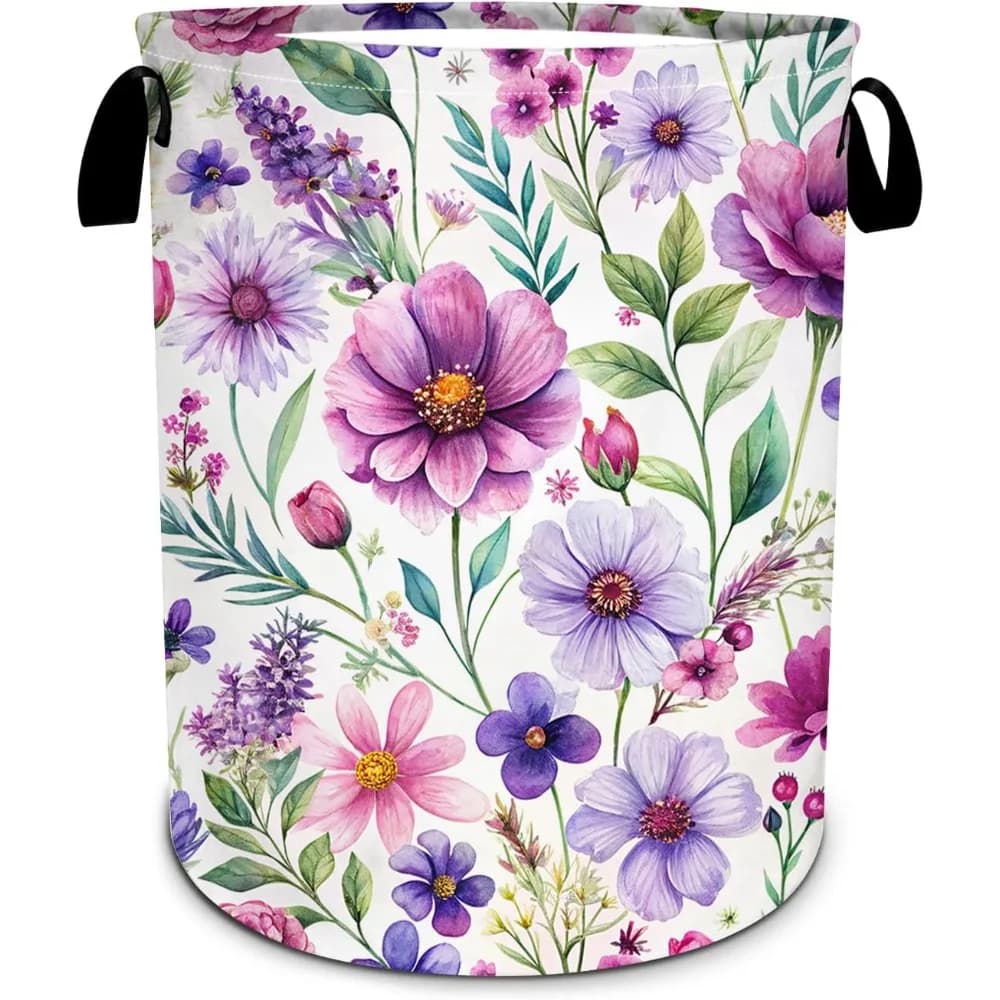 Cesto per la biancheria floreale viola acquerello, cesto per la biancheria pieghevole in tessuto Oxford impermeabile, divertente borsa per riporre vestiti sporchi