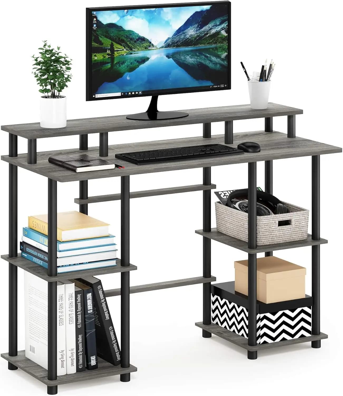 Modern Desk with Monitor Support, in French Grey/Black Oak for Home Office