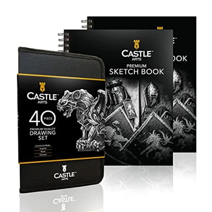 Complete Drawing Essentials Bundle 40 Piece Drawing Supplies with Graphite, Charcoal and Pastels + 2 Sketchbooks, 90gsm/ 9" x 1