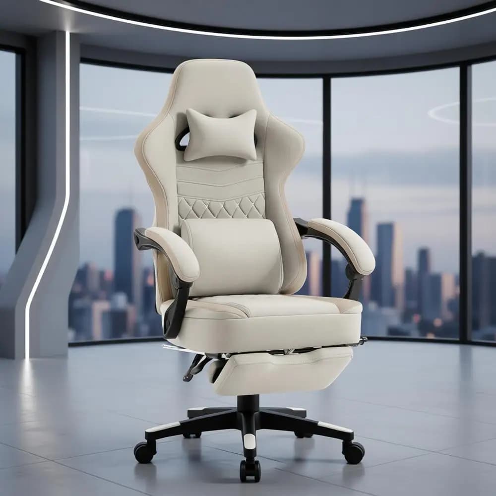 Sedia da gaming ergonomica in tessuto traspirante con cuscino in gel, poggiapiedi e custodia, beige