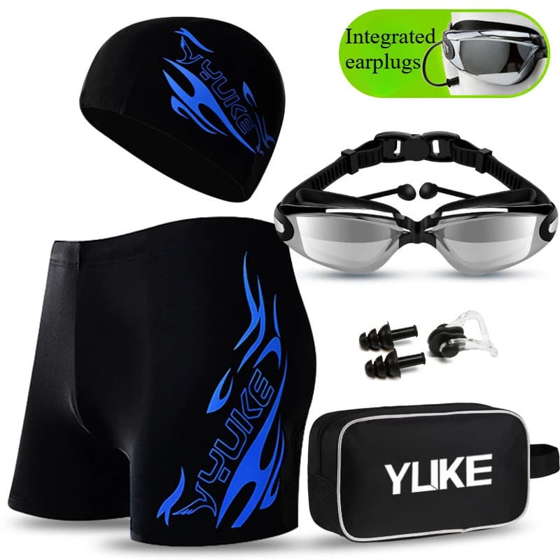 Costume da bagno taglie forti ad angolo piatto, attrezzatura da nuoto professionale, costume da bagno, occhiali, cuffia da nuoto, grado di miopia opzionale