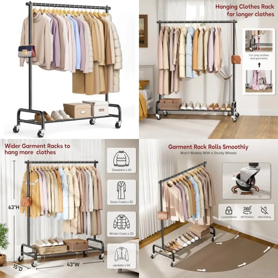 Appendiabiti Robusto con Ruote, Stendibiancheria Mobile in Metallo da 110 cm di Larghezza, Porta Abiti con Ruote per Armadio