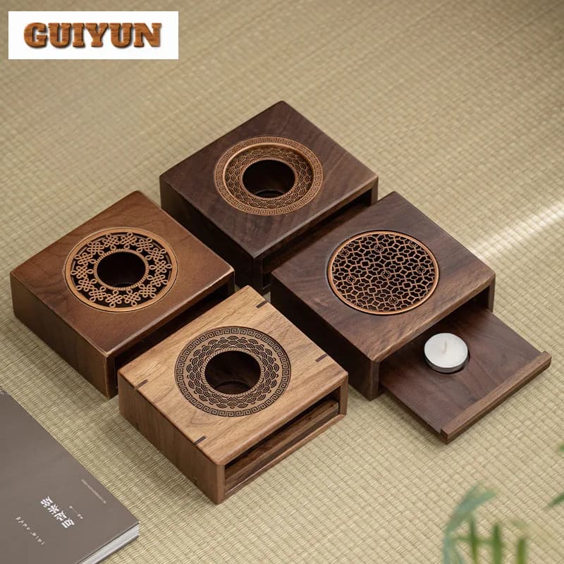 Walnut Wood Square Tea Warmer Holder Trivet Candle Heater Stove Household Kettle Stand Baked Milk Jar Carbon Furnace Cha Craft